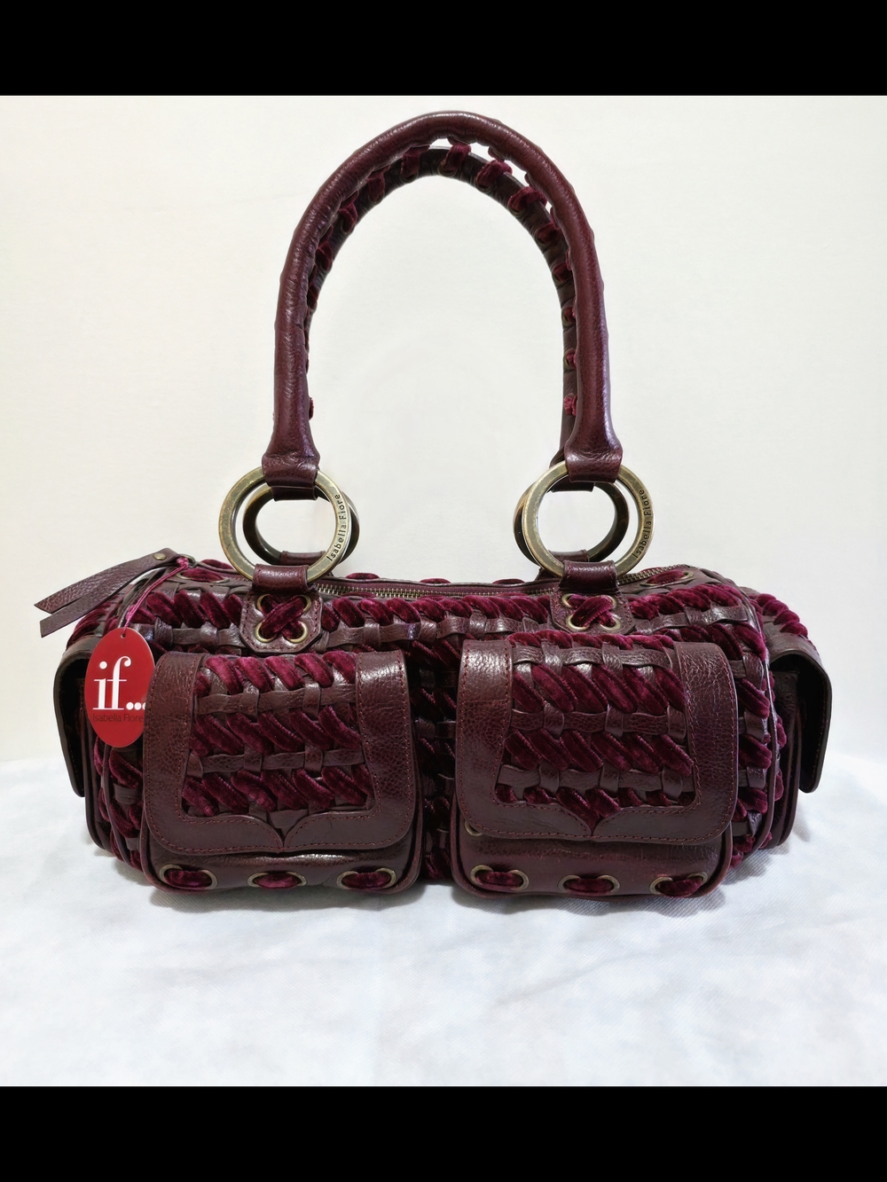 Isabella Fiore Velveteen Cory Bag Burgundy WovBurgundy Woven Leather Satchel Bag